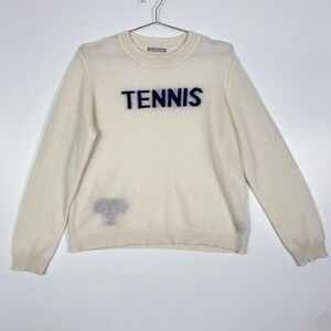 Alashan Sweater Womens XL White 100% Cashmere Tennis Graphic Crewneck Pullover